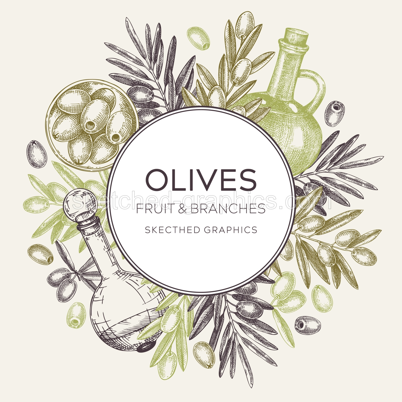 Olive oil background. Hand-drawn vector illustration. Olive tree branches, glass bottle, olives sketches. Italian food frame in vintage style. Vegetable oil design template Illustration